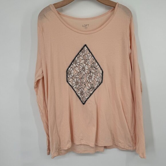 LOFT Outlet XL Peach Long Sleeve Top With Black Lace Diamond Design - Picture 3 of 8
